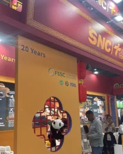 SNC Good Fortune exhibition stand, booth 3J191, at Vitafoods Europe 2026, Fira Barcelona — designed and built by Echo Expo