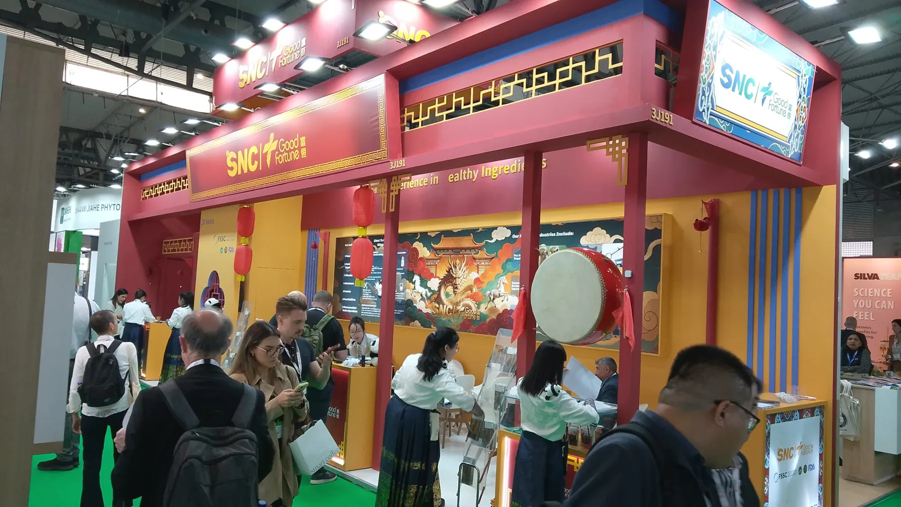 SNC Good Fortune exhibition stand at Vitafoods Europe 2026, Fira Barcelona — designed and built by Echo Expo