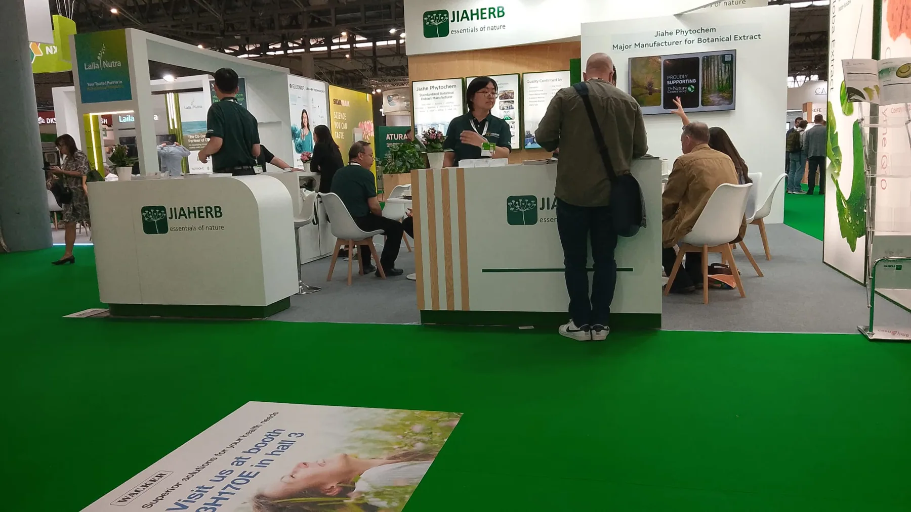 JIAHERB exhibition stand at Vitafoods Europe 2026, Fira Barcelona — designed and built by Echo Expo