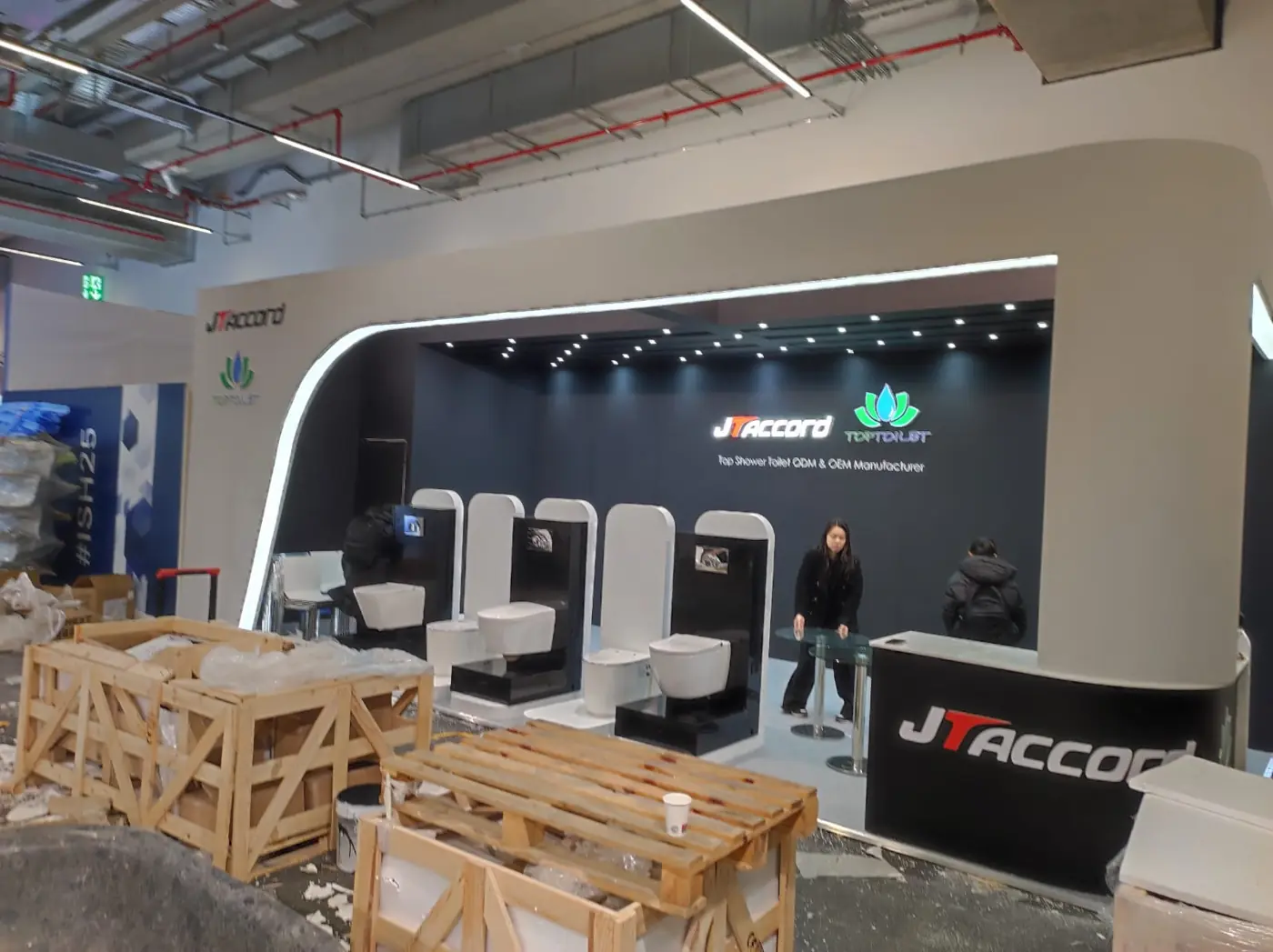 JTAccord and TopToilet sanitaryware exhibition stand build at ISH, Messe Frankfurt — installation by Echo Expo