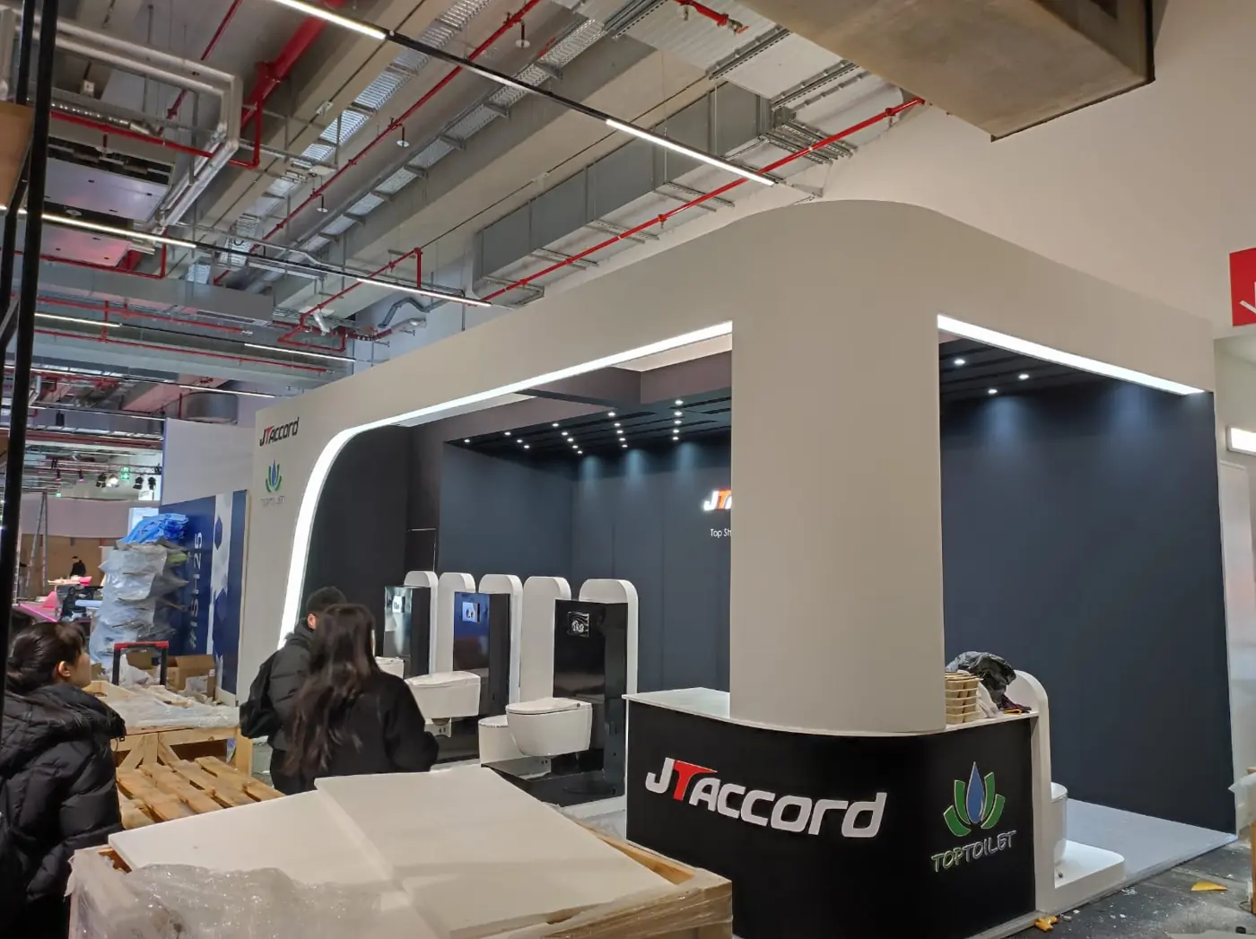 JTAccord and TopToilet sanitaryware exhibition stand build at ISH, Messe Frankfurt — installation by Echo Expo
