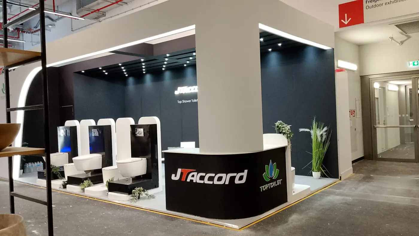 JTAccord and TopToilet sanitaryware exhibition stand at ISH, Messe Frankfurt — designed and built by Echo Expo