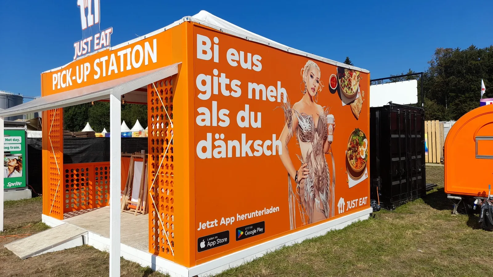 Just Eat pick-up station branded side panel at Zurich Openair, Switzerland