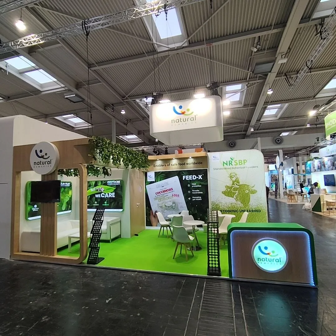 NRSBP and FEED-X product graphic walls on the Natural Remedies stand at EuroTier 2024, Hannover