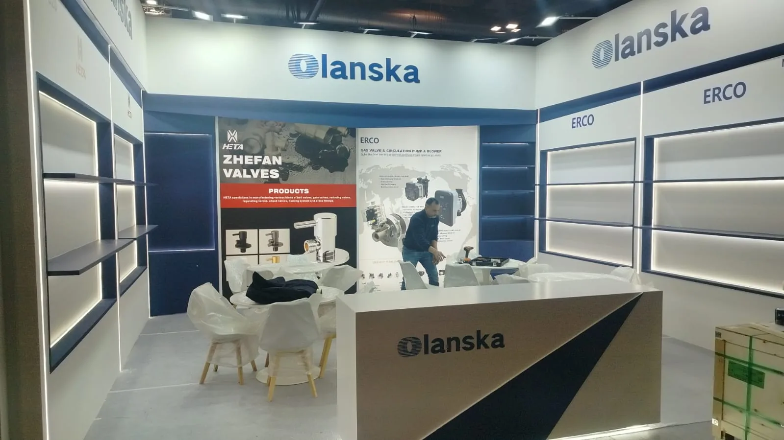 Olanska stand during build-up at MCE 2026, Fiera Milano