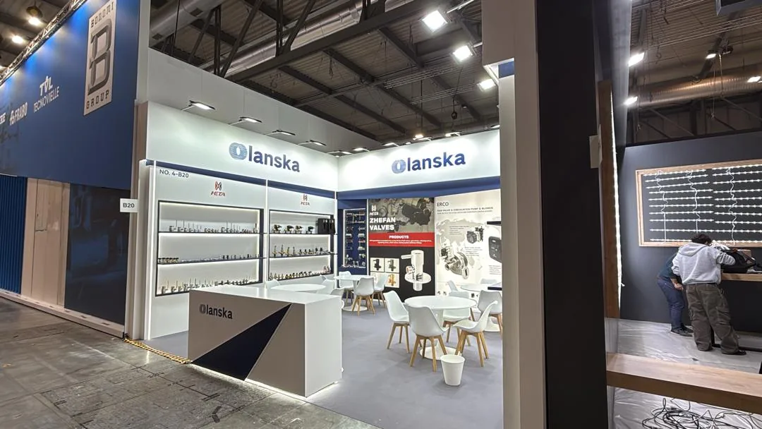 Olanska stand with backlit product shelving at MCE 2026, Fiera Milano