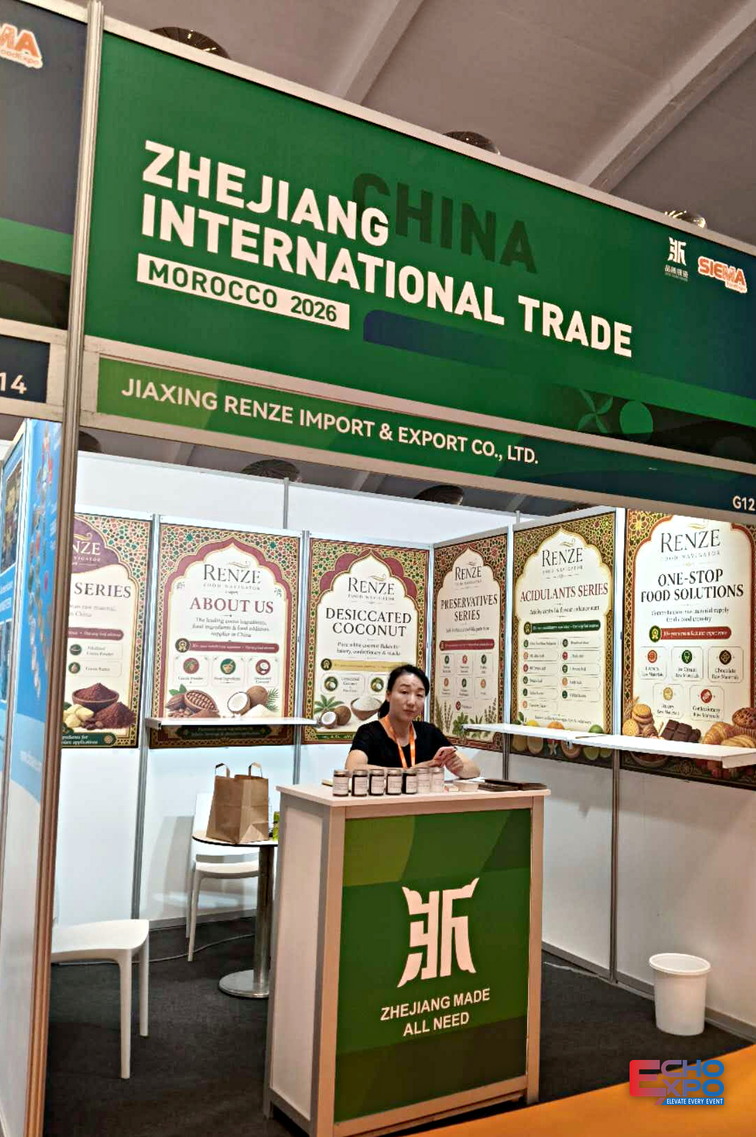 Printed graphic panels and reception counter on a stand built by Echo Expo, SIEMA FoodExpo Casablanca