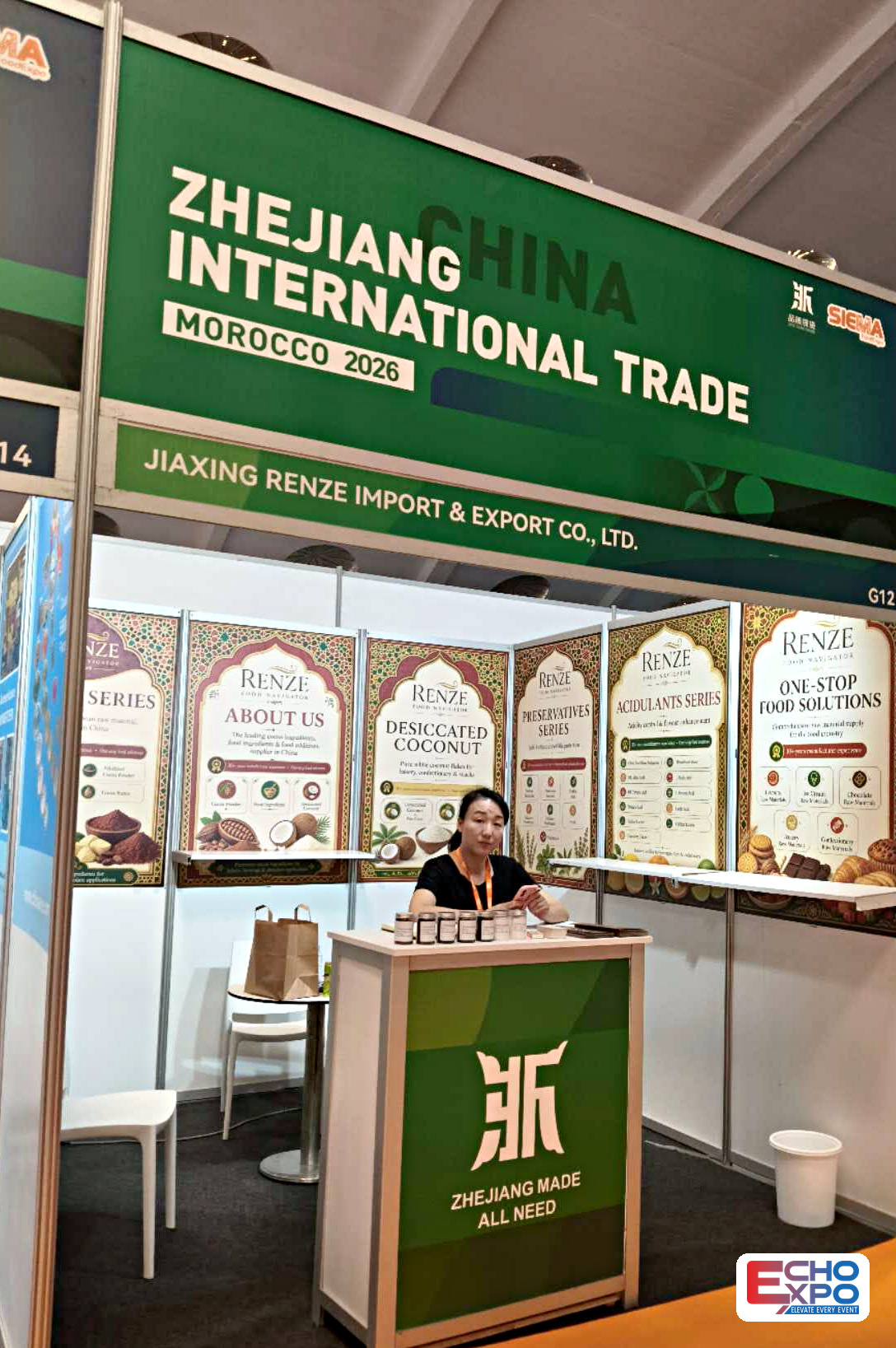 Printed graphic panels and reception counter on a modular stand built by Echo Expo at SIEMA FoodExpo 2026, OFEC Casablanca