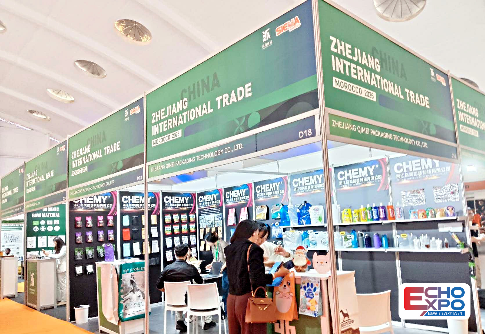 Product display wall on a finished exhibition stand built by Echo Expo at SIEMA FoodExpo 2026, OFEC Casablanca