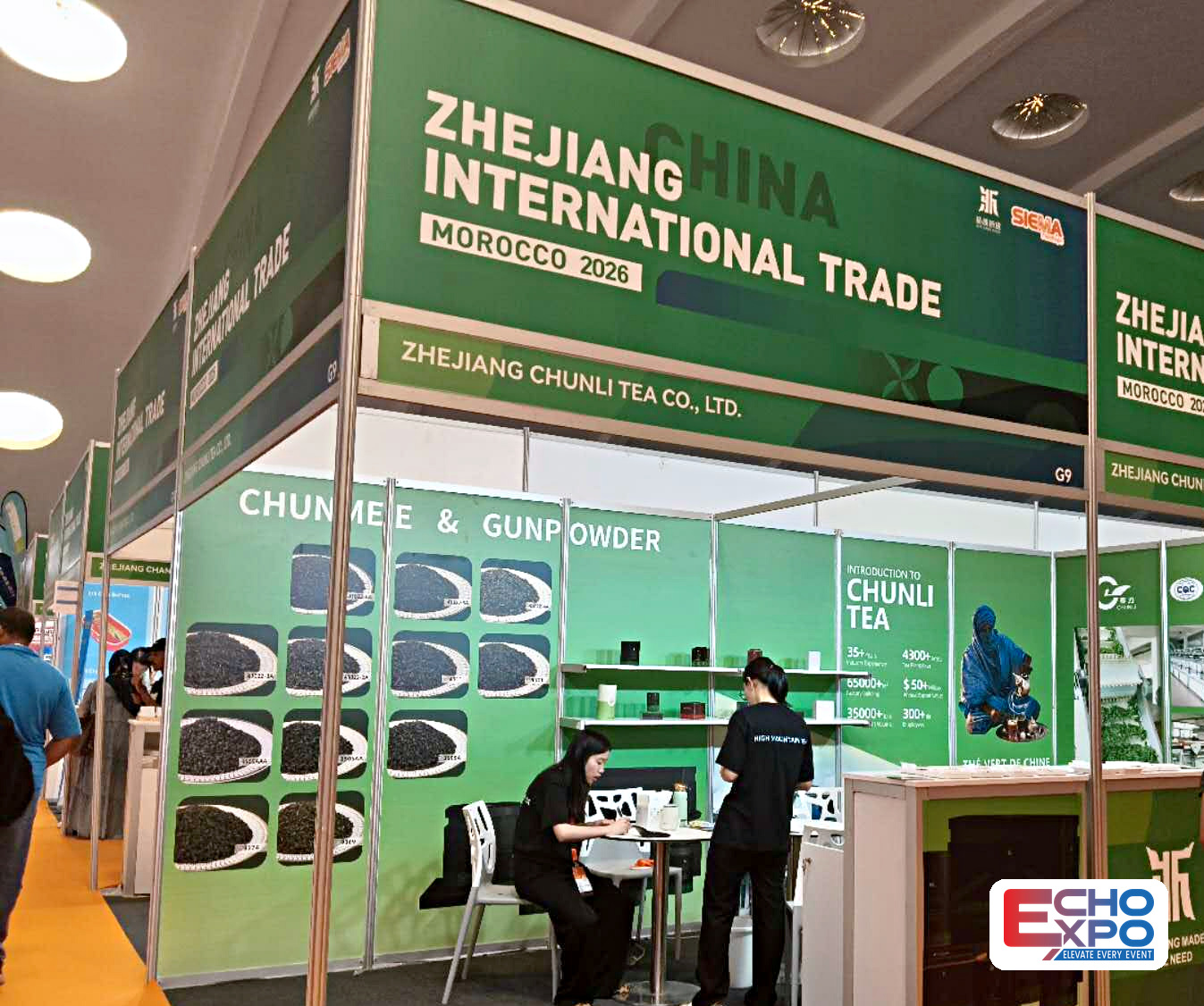 Tea exhibitor stand with printed graphics wall built by Echo Expo at SIEMA FoodExpo 2026, OFEC Casablanca